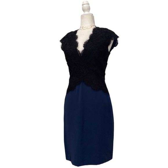 Reem Acra Navy Silk-faille & Black Lace Dress - Picture 9 of 16